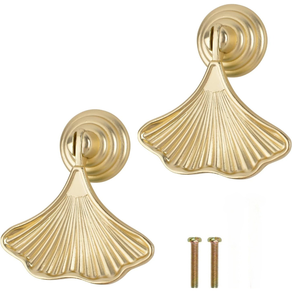 Furniture Hardware Drop Pulls - มือจับรูปใบแปะก๊วย 2 ชิ้น, มือจับแบบห้อยประดับทอง, มือจับลิ้นชักแบบรูเดียวลายแกะสลัก